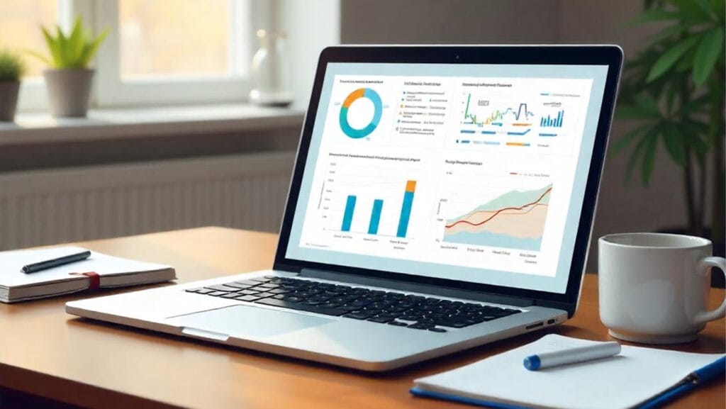 A laptop sits on a wooden desk displaying colorful charts and graphs. Nearby are a white mug, a closed book, and a notepad with a pen. A window in the background lets in natural light, illuminating a green plant on the right side.